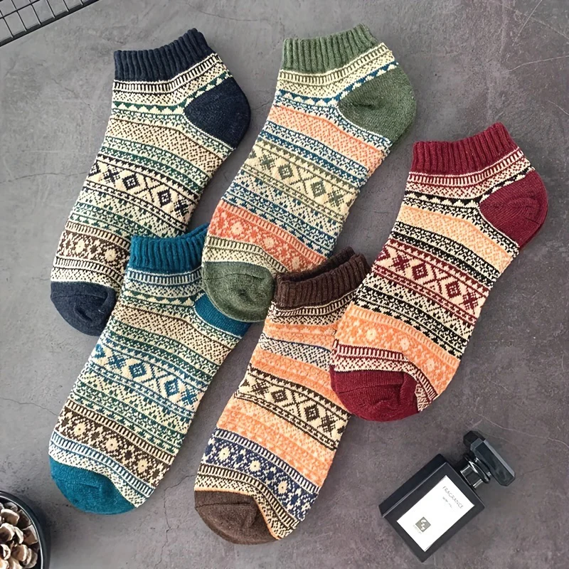 5pairs Vintage Thick Socks, Ethnic Style Socks, Winter Socks Ankle Socks