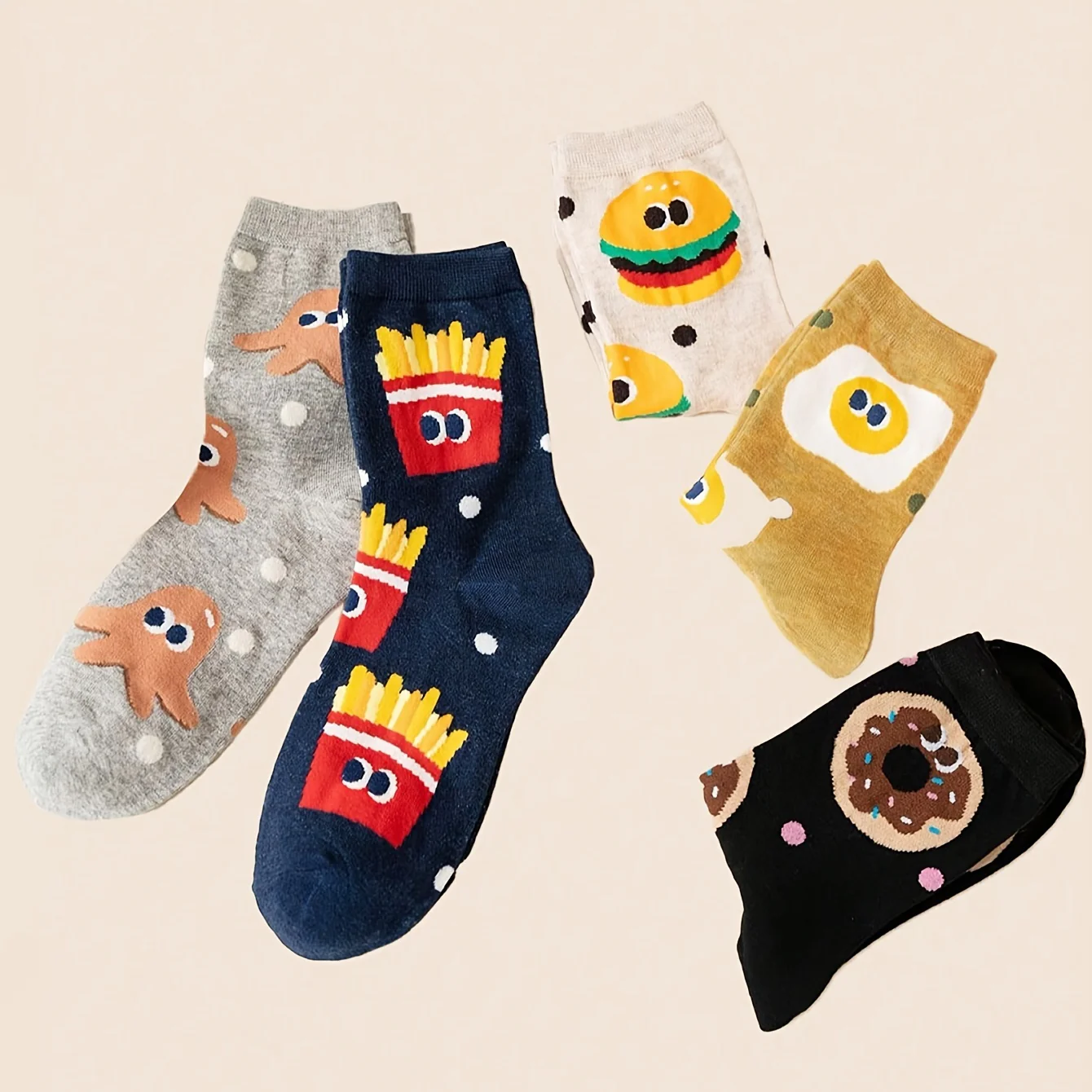 10-Pack Burger & Fries Cartoon Crew Socks - Playful Fast Food Print with Polka Dots & Green Dots - Unisex Comfort for Casual Attire, Travel, Sports - Fun College Style Essentials, Travel Accessories | Whimsical Sock Design, Funny Socks