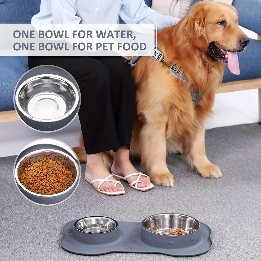 2-in-1 Dog Feeding & Watering Station, Thermoplastic Rubber Pet Bowl Mat with Stainless Steel Dual Bowls, Anti-Spill Pet Feeder, Includes Bowl Holder, Ideal for All Dog Breeds