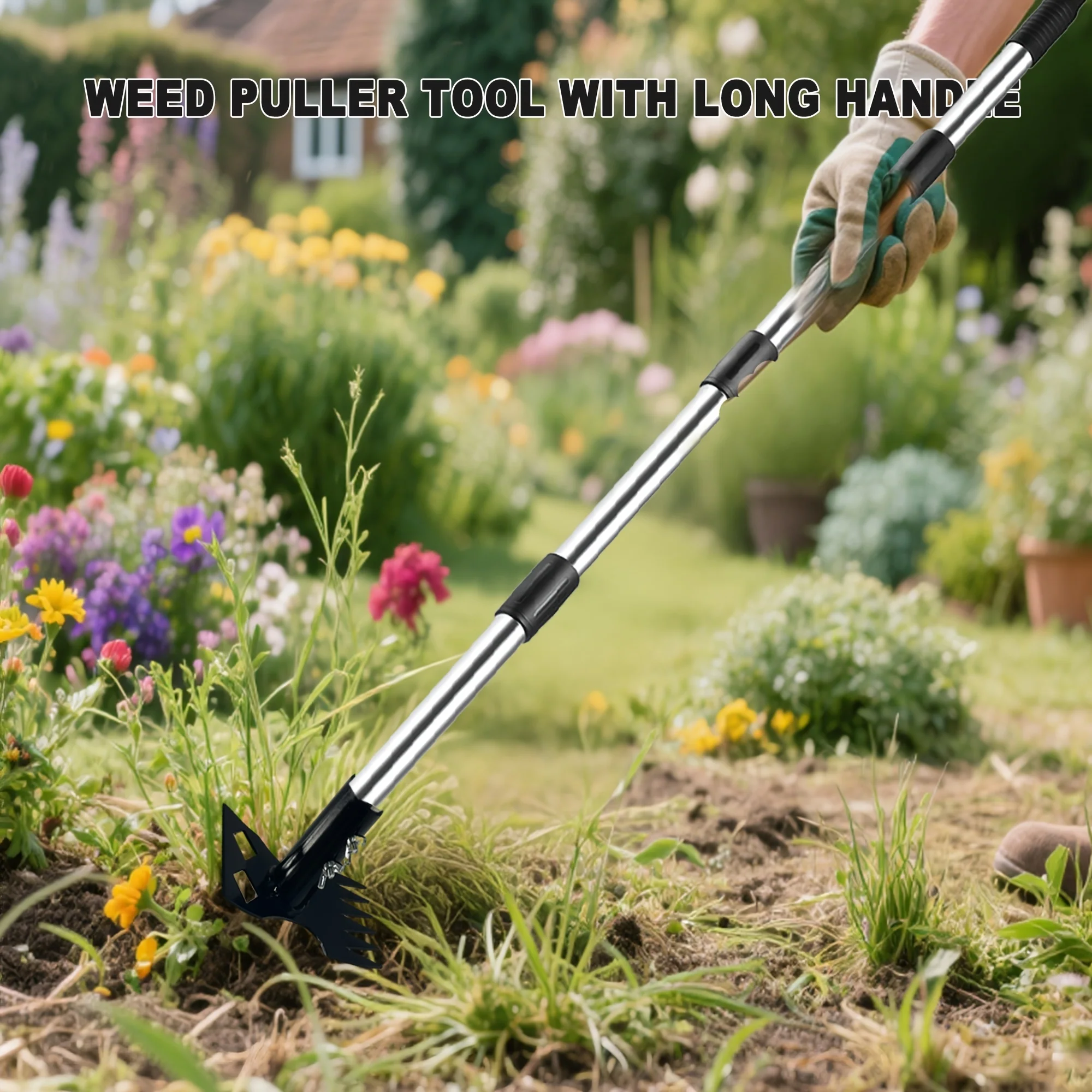 2-in-1 Weed Puller & Garden Hoe Tool - Heavy-Duty Metal Adjustable Long Handle (16.54-59.06inch) for Effortless Weed Removal, Soil Leveling & Yard Maintenance, Weed Removal Garden Tools No Bending, Sturdy Construction