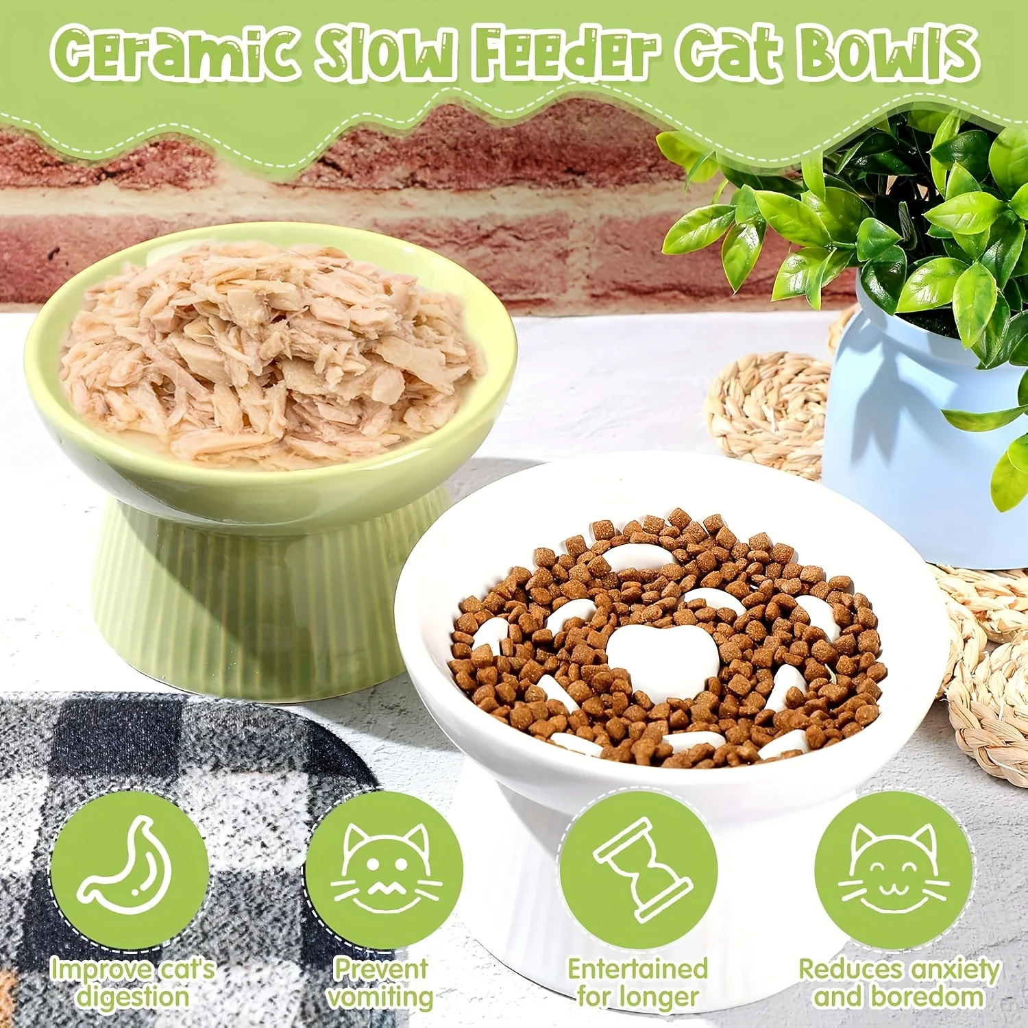 2pcs Ceramic Elevated Slow Feeder Cat Bowls - Heart-Shaped Design, Raised Food & Water Dishes for Cats & Small Dogs, Dishwasher Safe, White & Green Pet Bowls with High Edges to Prevent Spillage, Nontoxic Material, Multipet Households